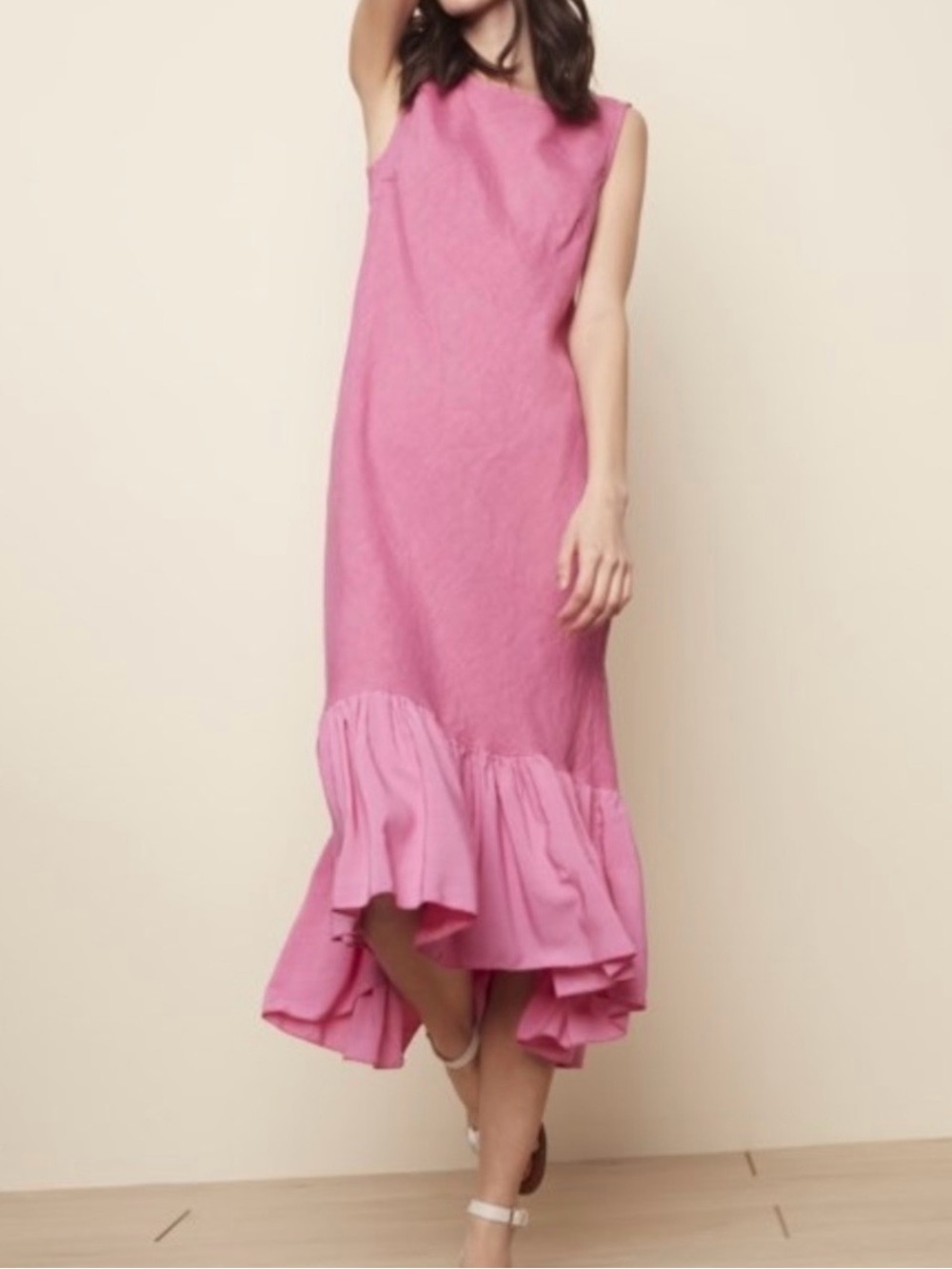 Charlie B Linen Sleeveless Pink Ruffle-Hem Midi/ Maxi Made in Italy